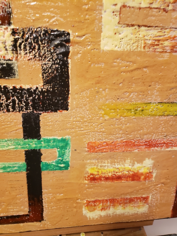 Geometric-cubiss connection, organic bees-wax on plywood, 24X48 inch, SKU 2017