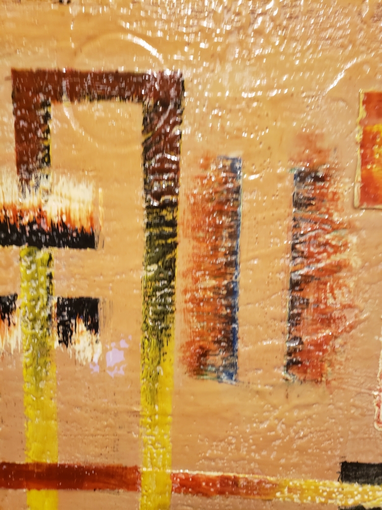 Geometric-cubiss connection, organic bees-wax on plywood, 24X48 inch, SKU 2017