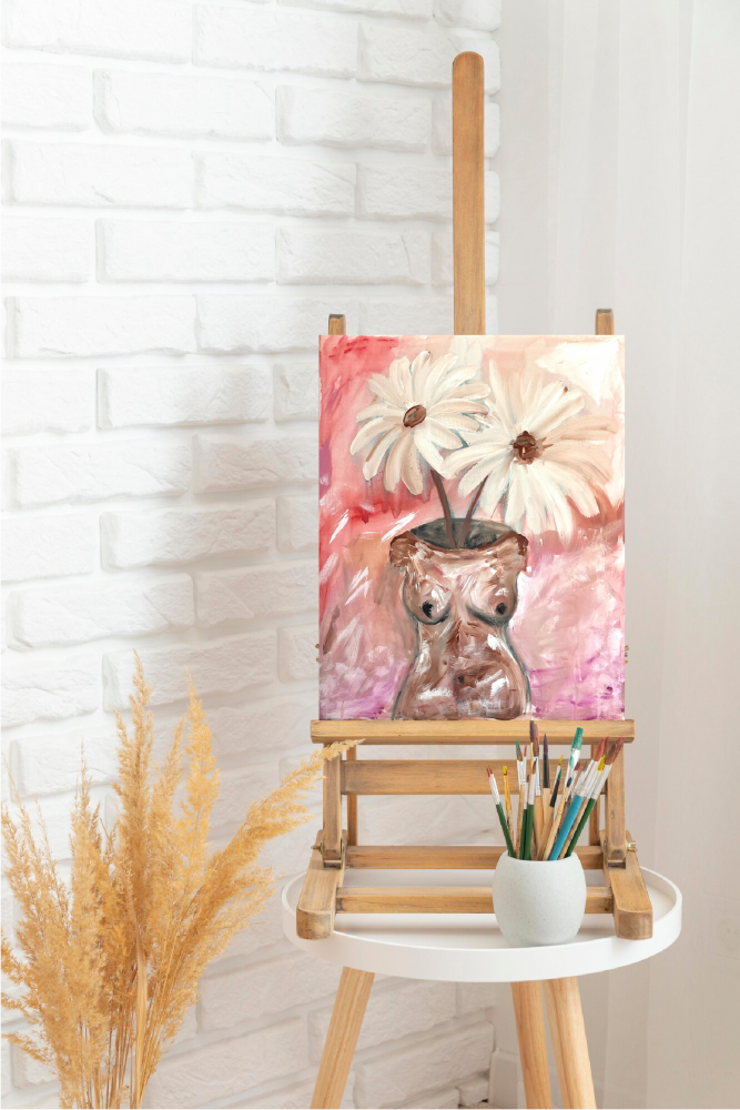 Floral Torso Boob Vase Canvas Painting