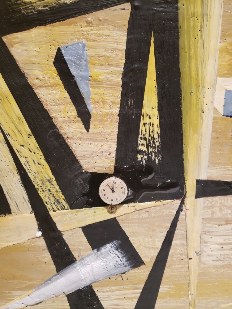 Cubic, Space and time,  organic bees-wax on plywood, with watch, 24X48X1 inch, SKU 2025