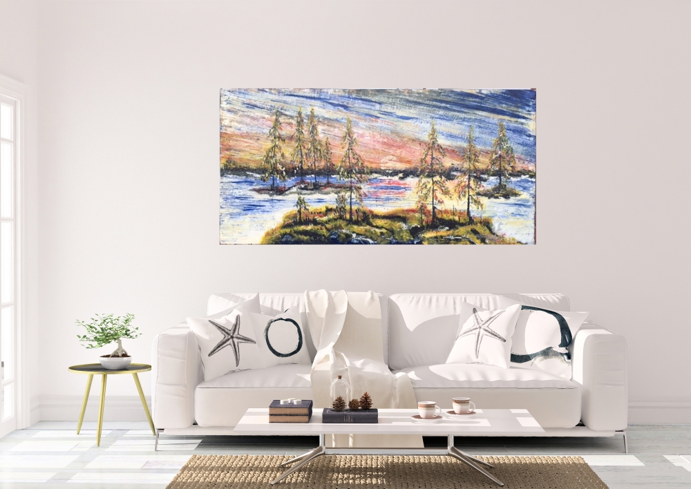 Landscape, Elephant Lake, Ontario,  organic beeswax on the playwood, 24x48 inch, 61x122 cm, SKU 2037 