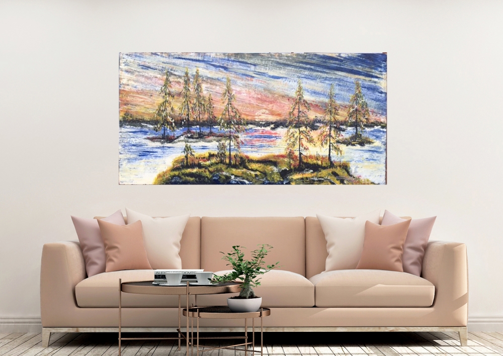 Landscape, Elephant Lake, Ontario,  organic beeswax on the playwood, 24x48 inch, 61x122 cm, SKU 2037 