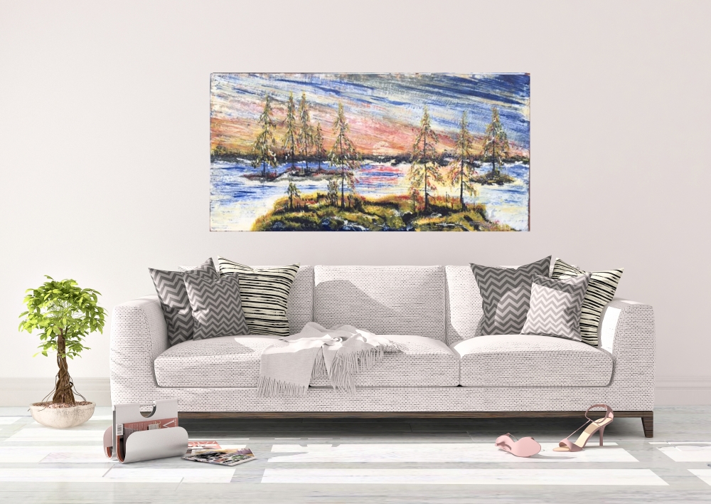 Landscape, Elephant Lake, Ontario,  organic beeswax on the playwood, 24x48 inch, 61x122 cm, SKU 2037 