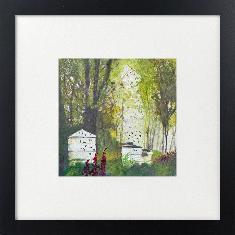 Bees returning to hive, foxgloves framed