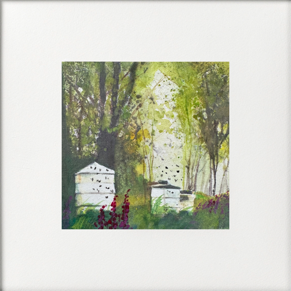 Bees returning to hive, foxgloves framed