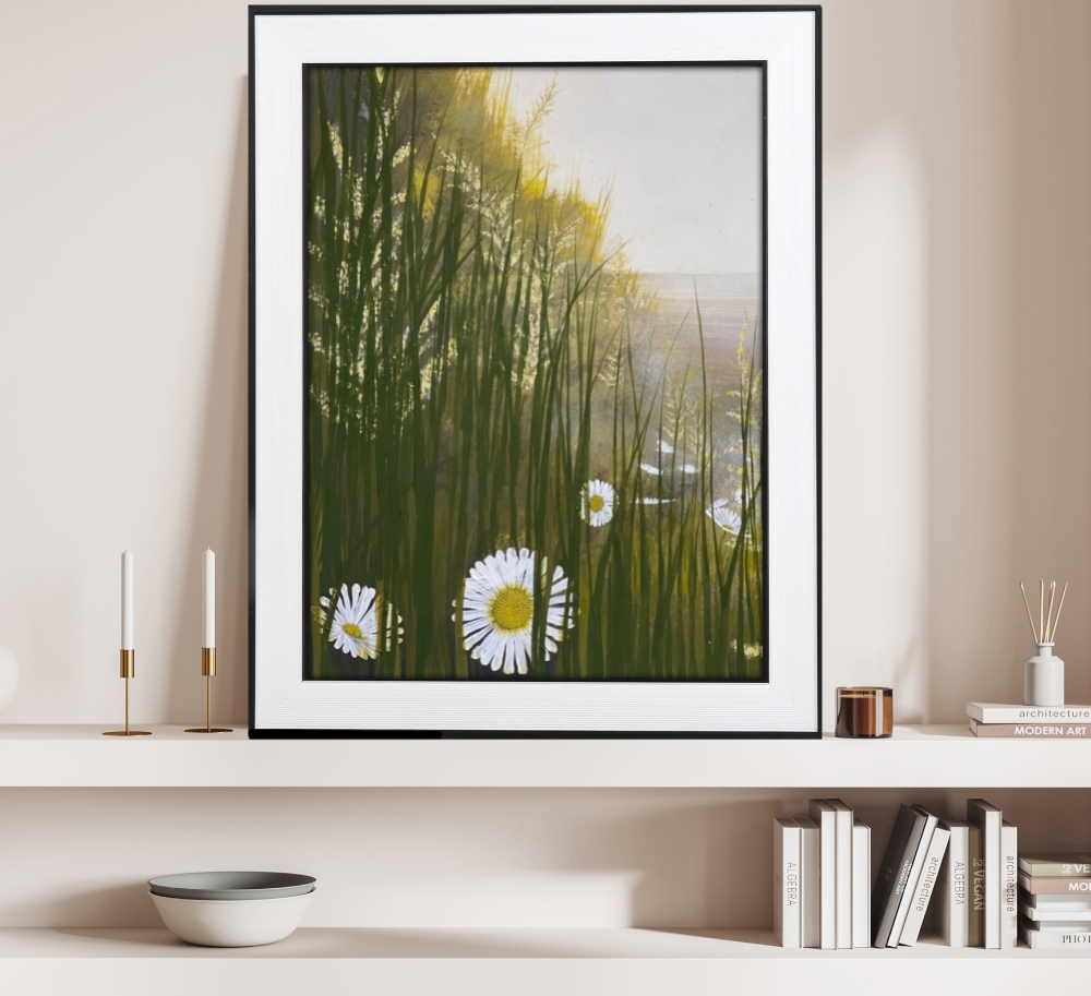 Daisies and fern landscape framed