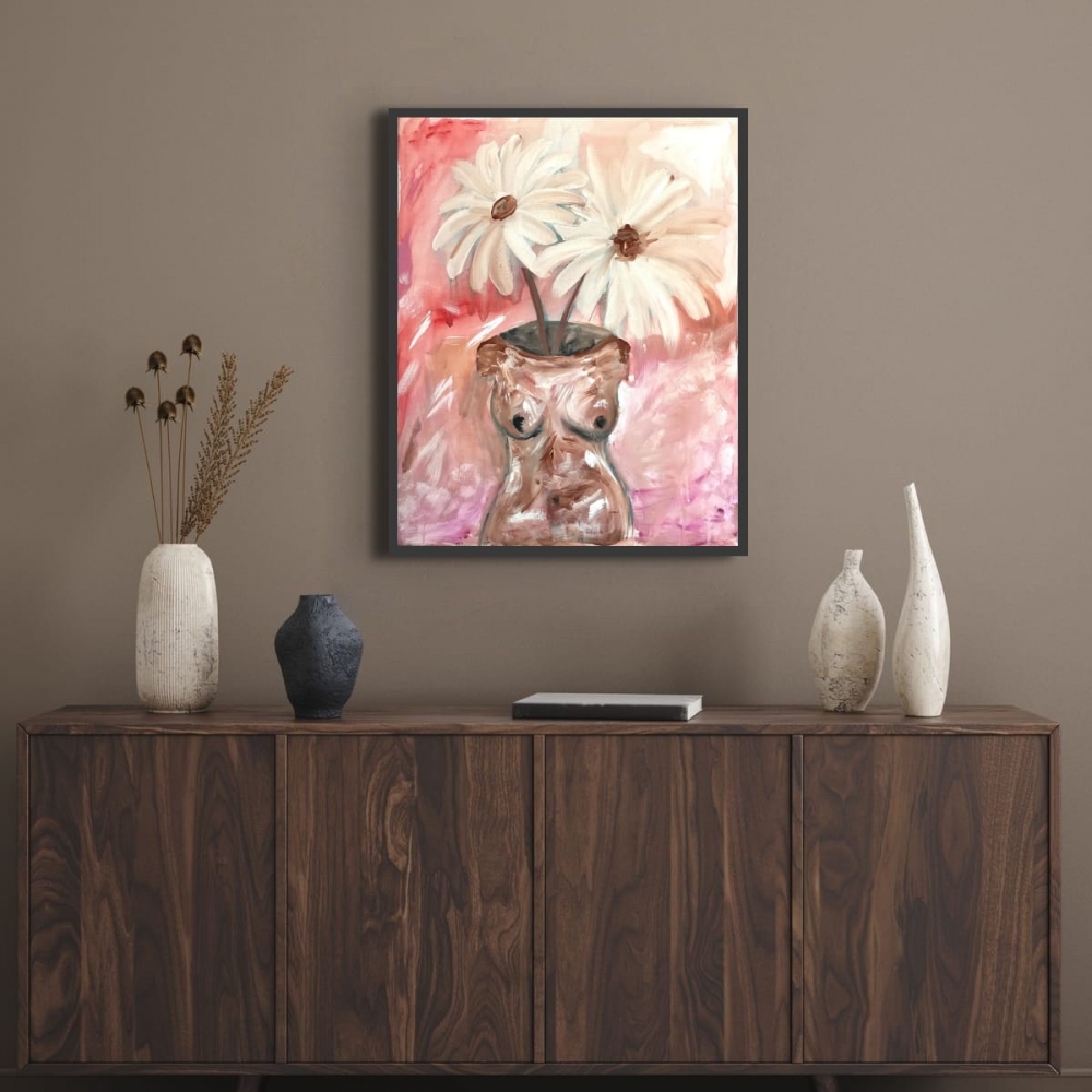 Floral Torso Boob Vase Canvas Painting