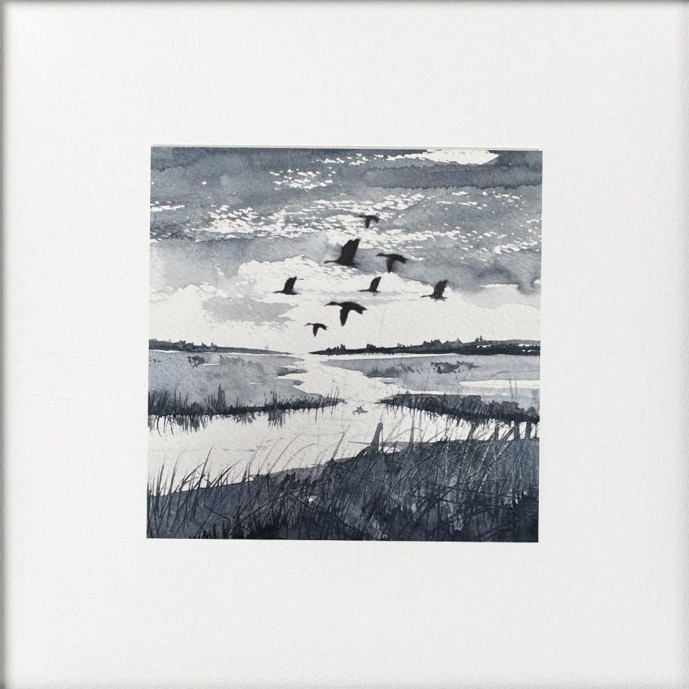 Monochrome Marshes with Ducks Framed