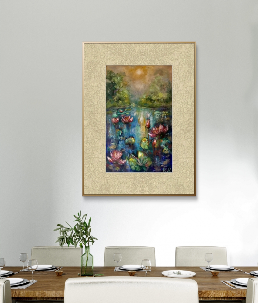 Mystical Water Garden – Soft Pastel Water Lily Pond Painting 30x50 cm