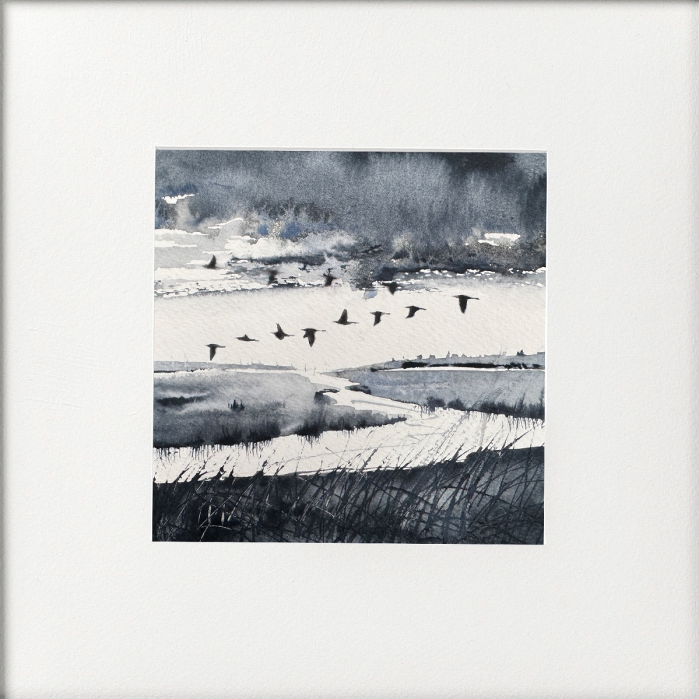 Monochrome - Brooding Marsh skies, Geese flying over framed