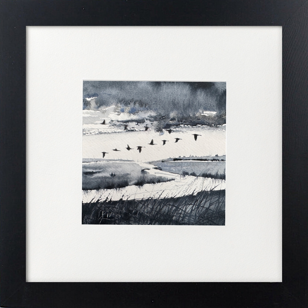 Monochrome - Brooding Marsh skies, Geese flying over framed