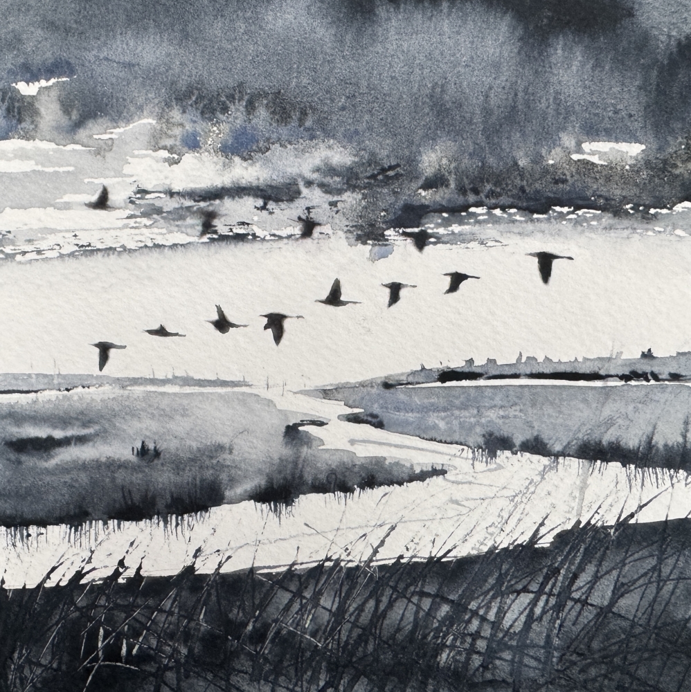Monochrome - Brooding Marsh skies, Geese flying over framed