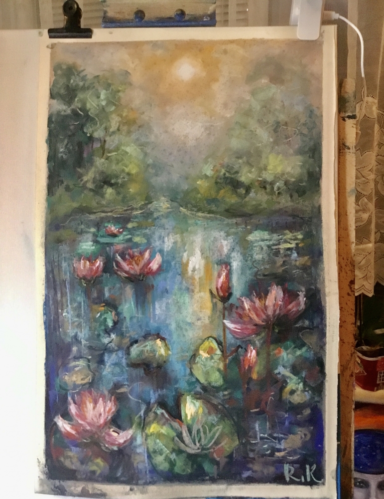 Mystical Water Garden – Soft Pastel Water Lily Pond Painting 30x50 cm