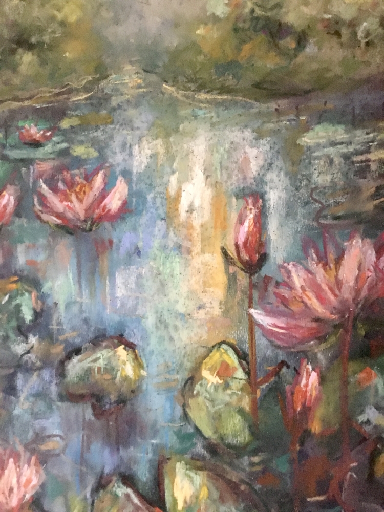 Mystical Water Garden – Soft Pastel Water Lily Pond Painting 30x50 cm