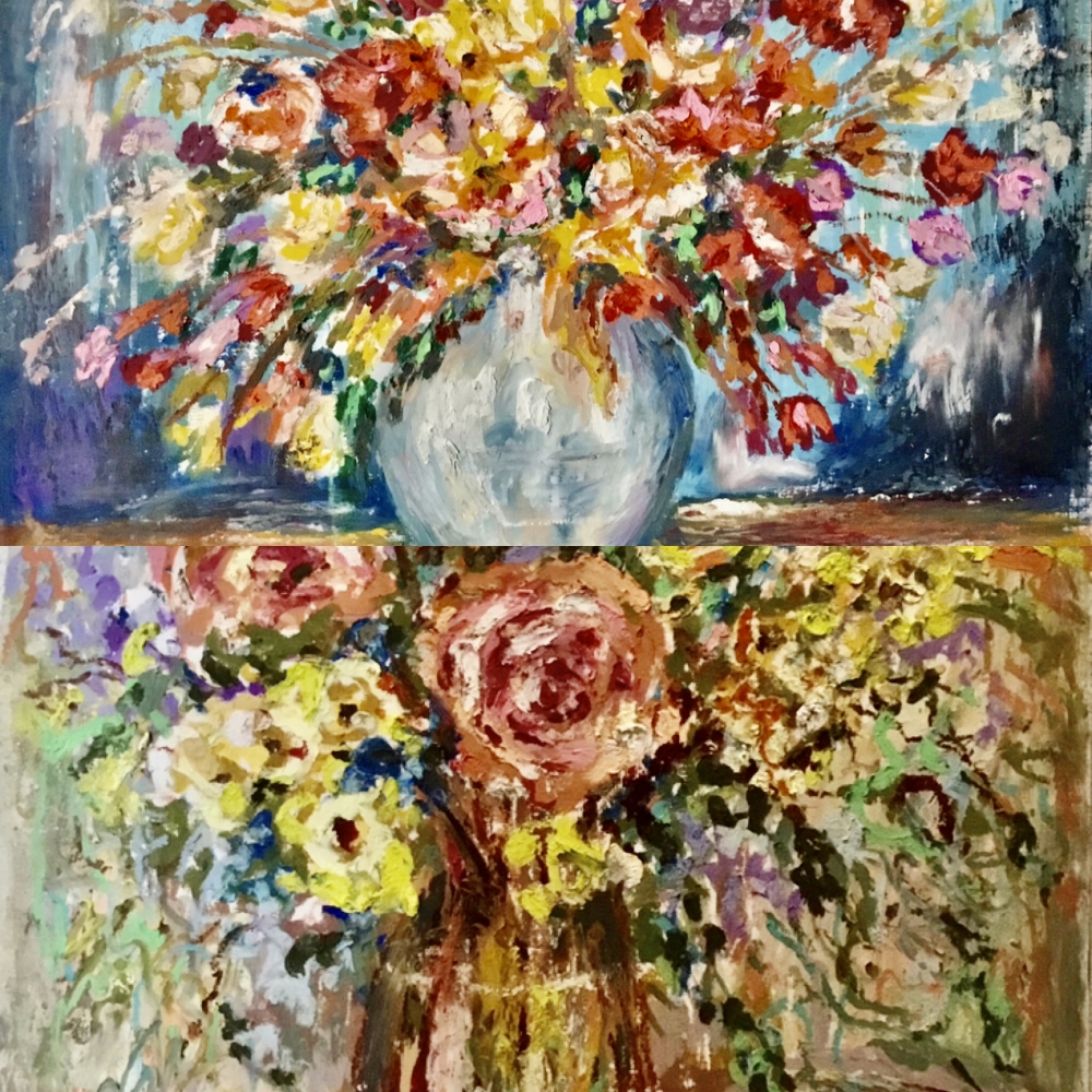 Dialogue of Bloom Original Diptych – Two Floral Paintings