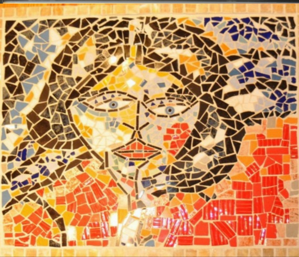 Juliette 2, young girl, mosaic colored glasses, marble, 24x28 inch, 61x71 cm 