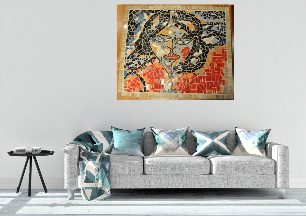 Juliette 2, young girl, mosaic colored glasses, marble, 24x28 inch, 61x71 cm 