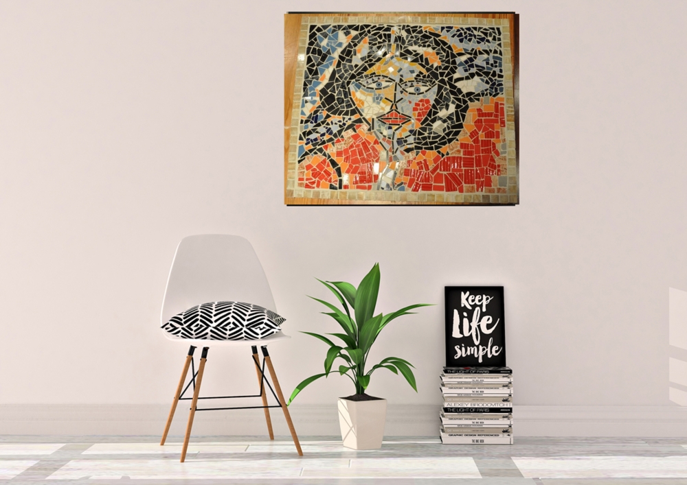 Juliette 2, young girl, mosaic colored glasses, marble, 24x28 inch, 61x71 cm 