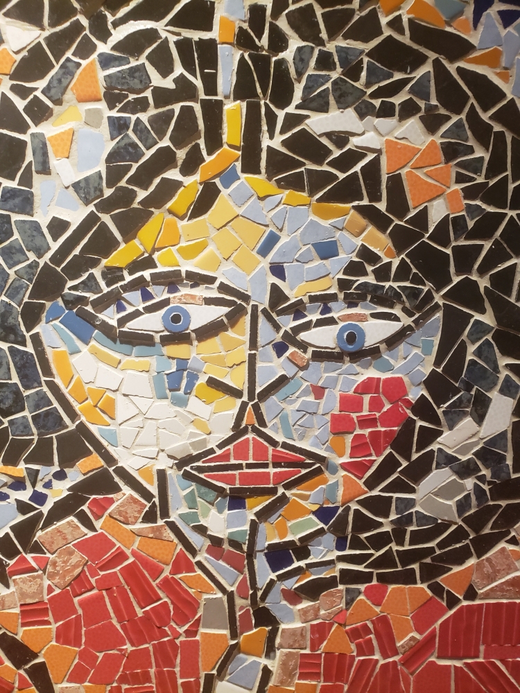 Juliette 2, young girl, mosaic colored glasses, marble, 24x28 inch, 61x71 cm 