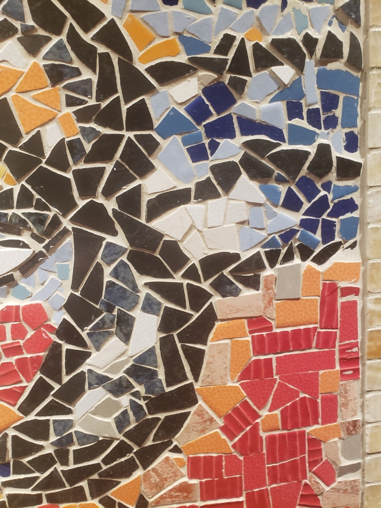 Juliette 2, young girl, mosaic colored glasses, marble, 24x28 inch, 61x71 cm 