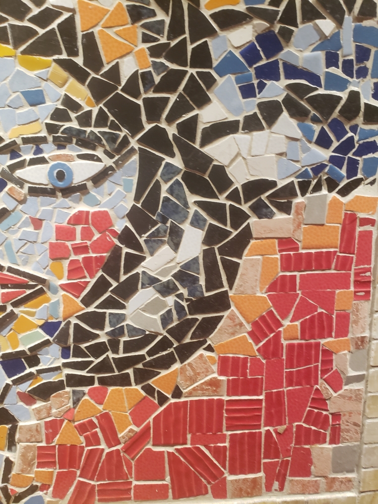 Juliette 2, young girl, mosaic colored glasses, marble, 24x28 inch, 61x71 cm 