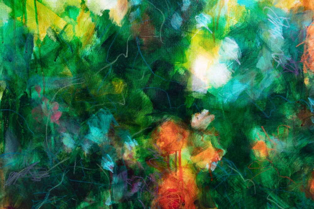 Orange and green rosebush