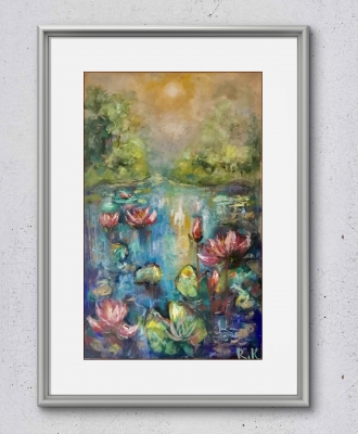 Mystical Water Garden – Soft Pastel Water Lily Pond Painting 30x50 cm