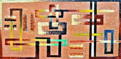 Geometric-cubiss connection, organic bees-wax on plywood, 24X48 inch, SKU 2017