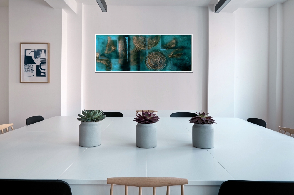 Large Turquoise and Gold Textured Abstract Painting – Resonance