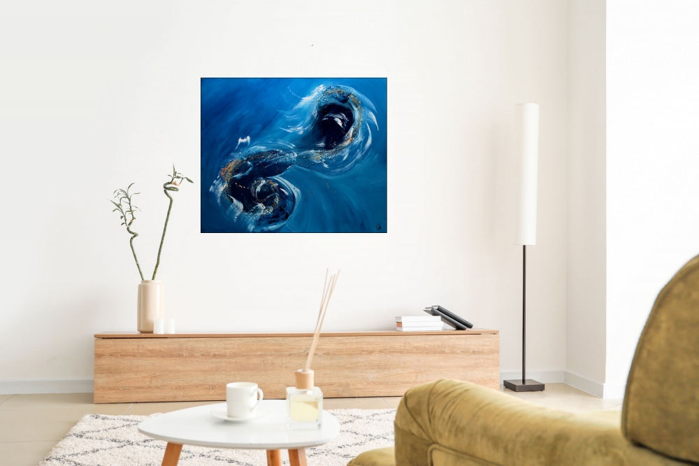 Large Blue Abstract Painting with Textured Waves – Celestial Currents