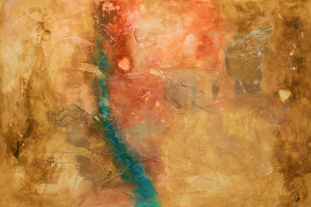 Large Textured Abstract Painting in Gold & Turquoise – In Flow