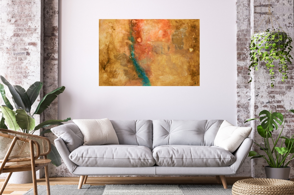 Large Textured Abstract Painting in Gold & Turquoise – In Flow