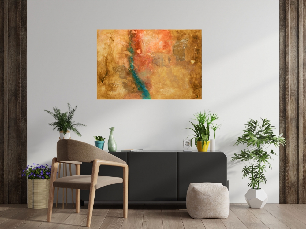 Large Textured Abstract Painting in Gold & Turquoise – In Flow