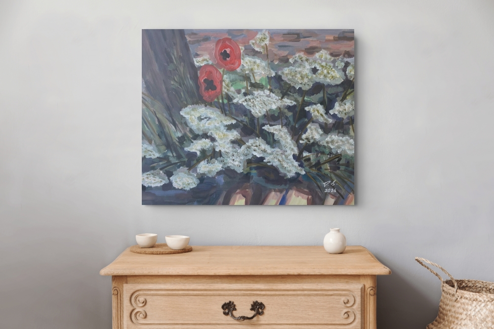 Common yarrow and two poppies