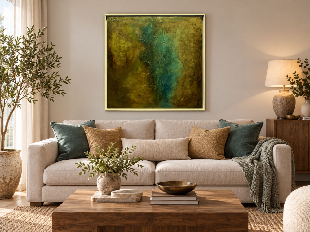 Large Textured Abstract Painting in Teal, Olive Green & Gold – Stairway to Heaven