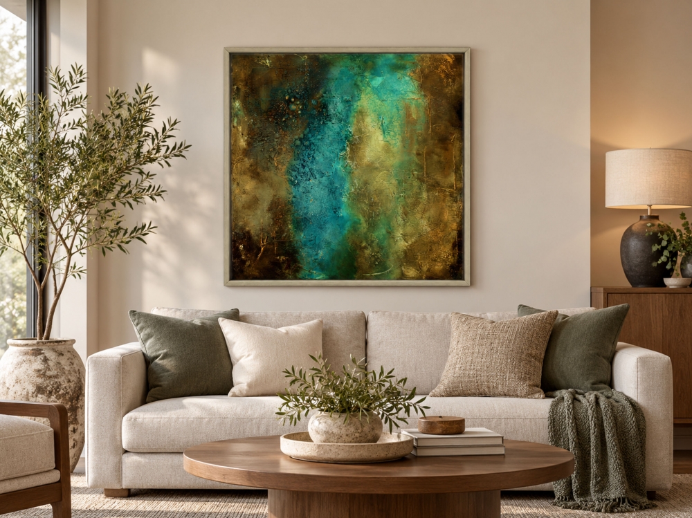 Textured Abstract Painting in Turquoise & Gold – Visions