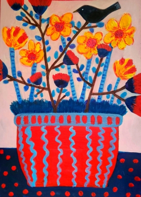 Pot of daffodils and a blackbird