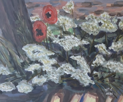 Common yarrow and two poppies