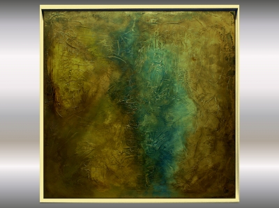 Large Textured Abstract Painting in Teal, Olive Green & Gold – Stairway to Heaven