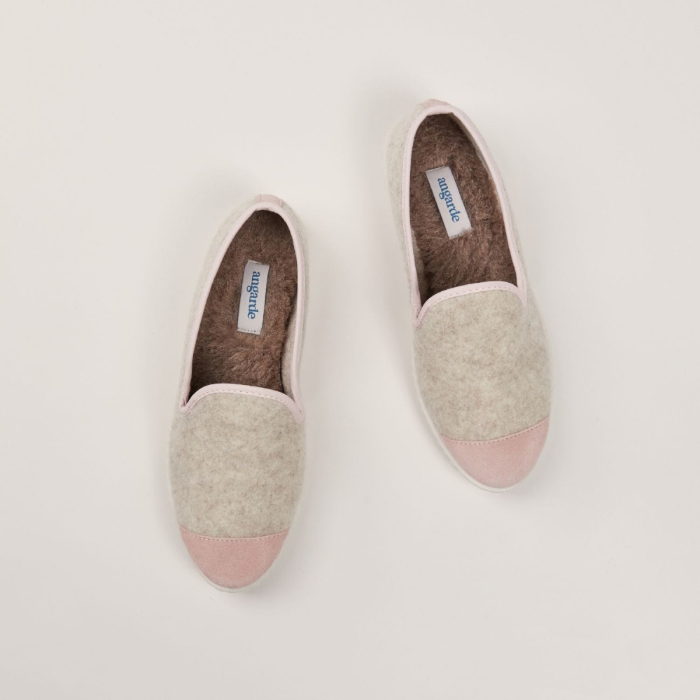 Chausson femme laine, beige rose poudré