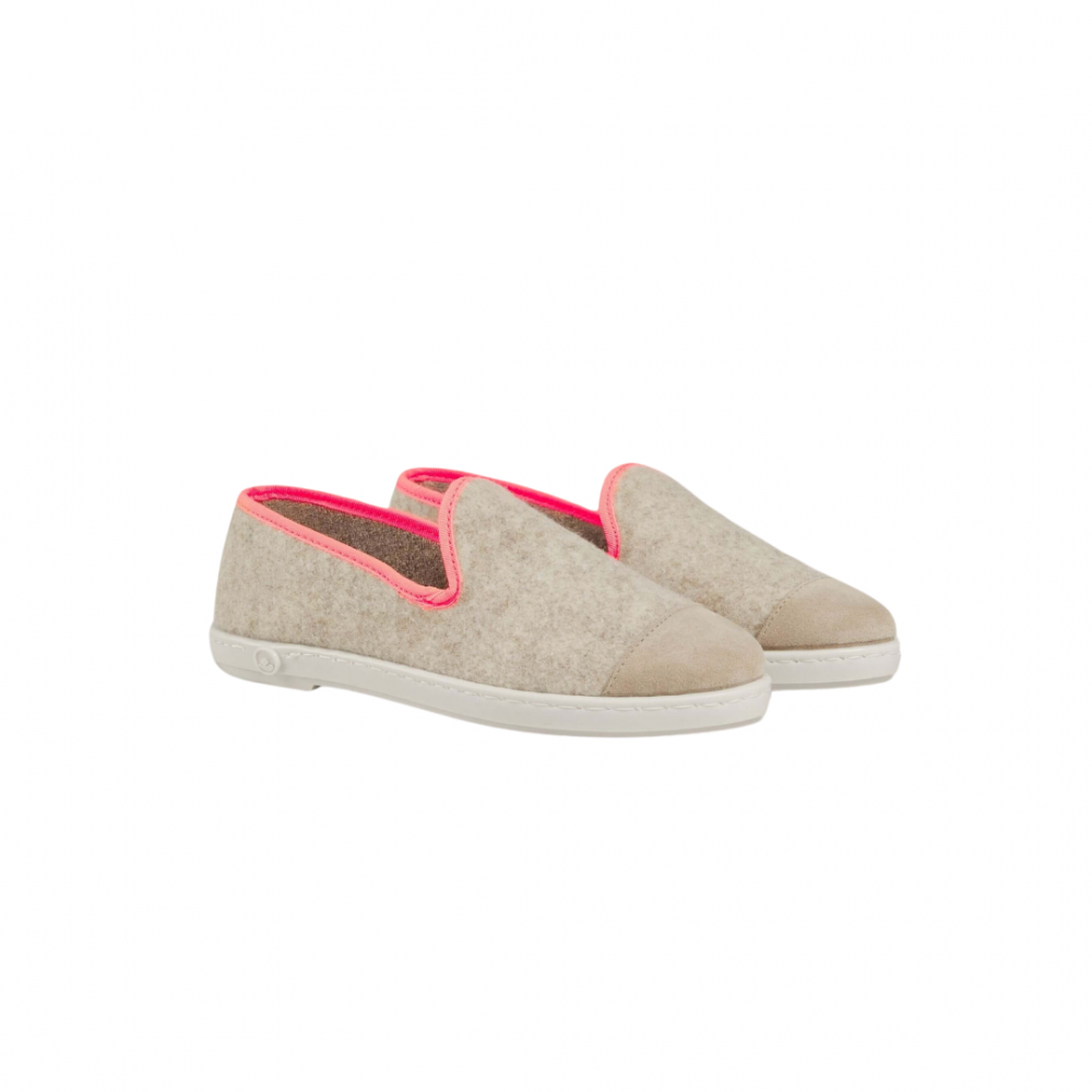 Chausson femme laine, beige rose fluo