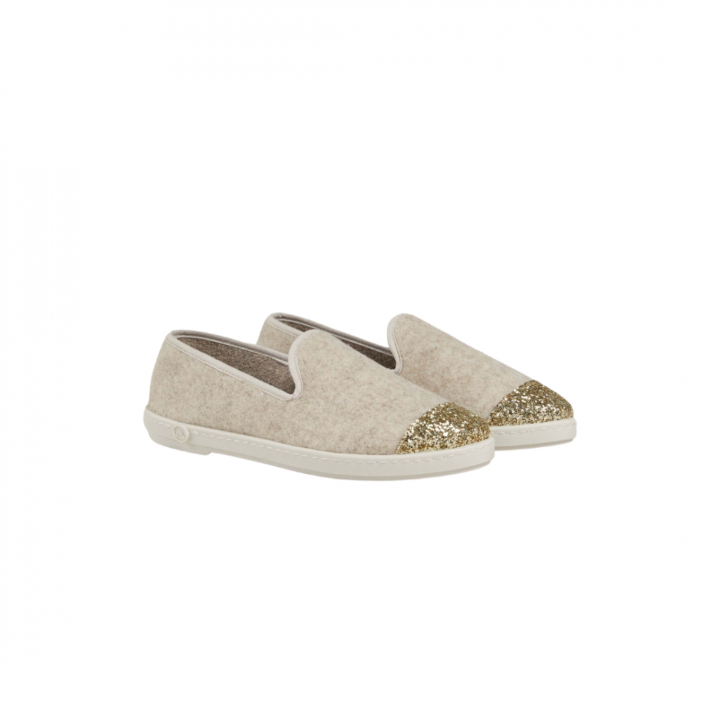 Chausson femme laine, beige paillettes