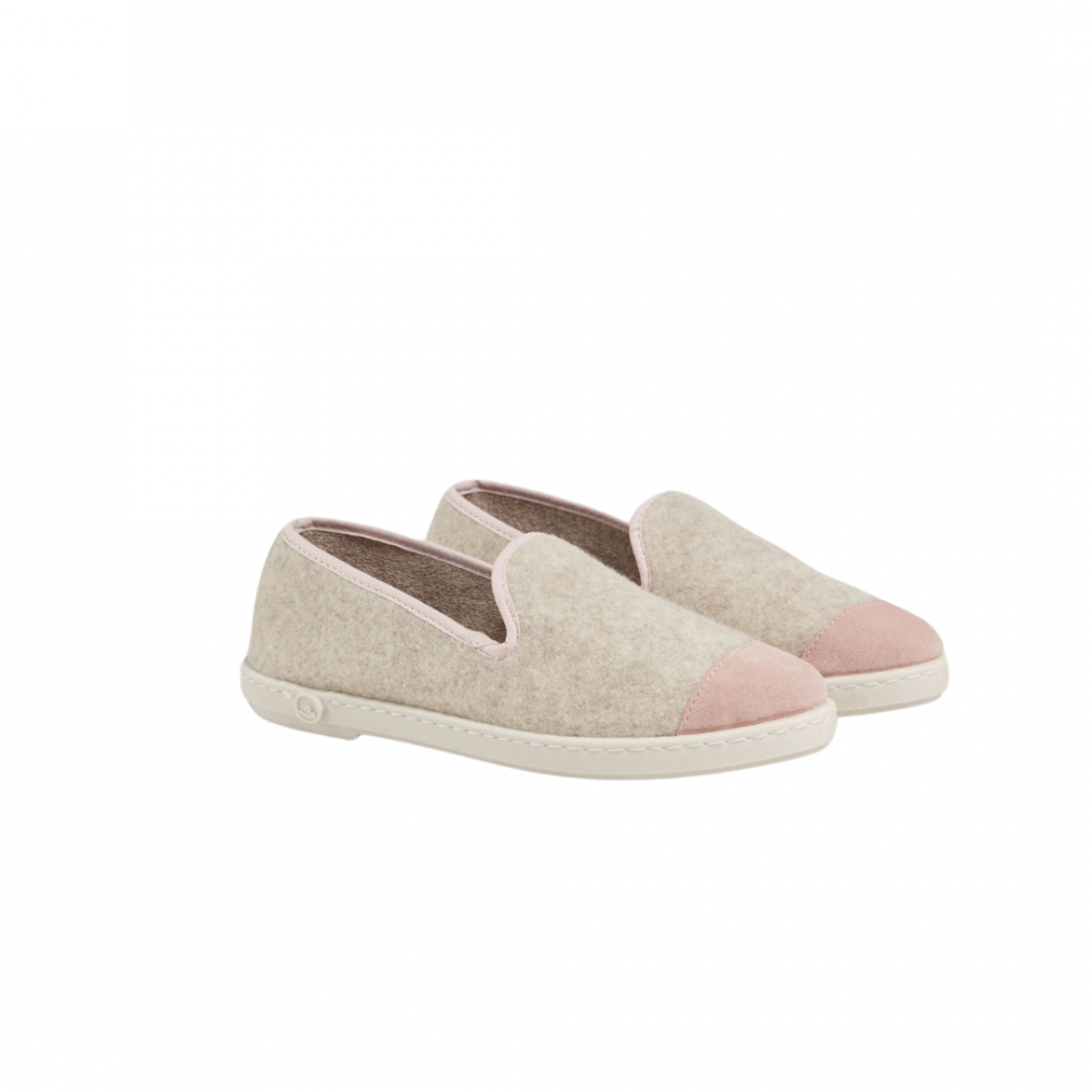 Chausson femme laine, beige rose poudré