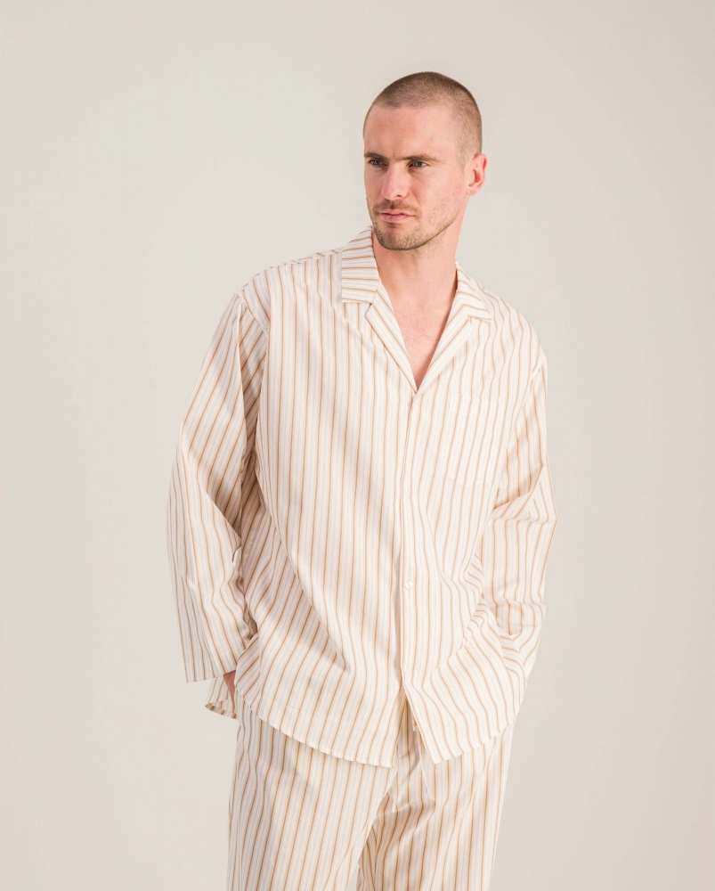 Chemise pyjama homme coton bio, rayures beiges