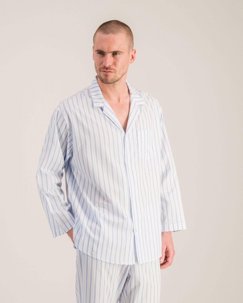 Chemise pyjama homme coton bio, rayures bleues