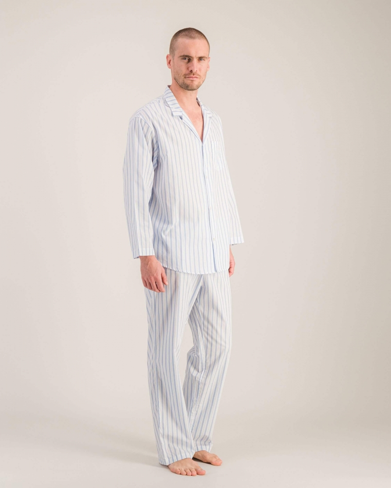 Pantalon pyjama homme coton bio, rayures bleues