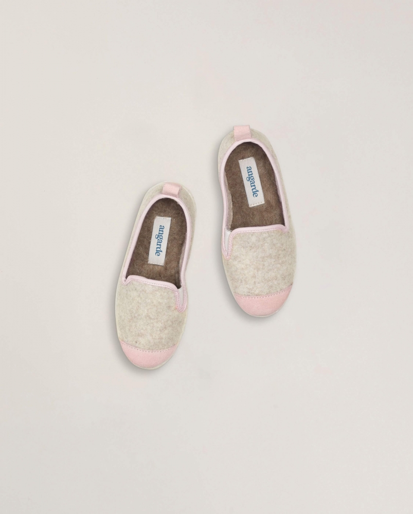 Chausson enfant laine, beige rose poudré