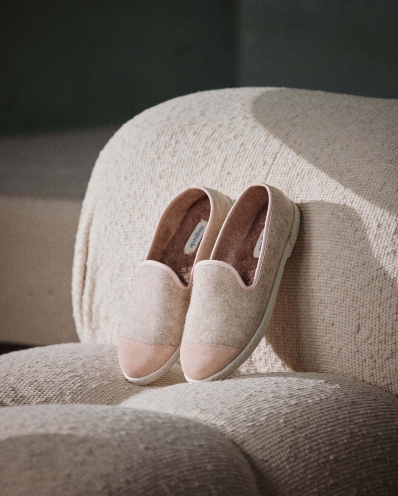 Chausson femme laine, beige rose poudré