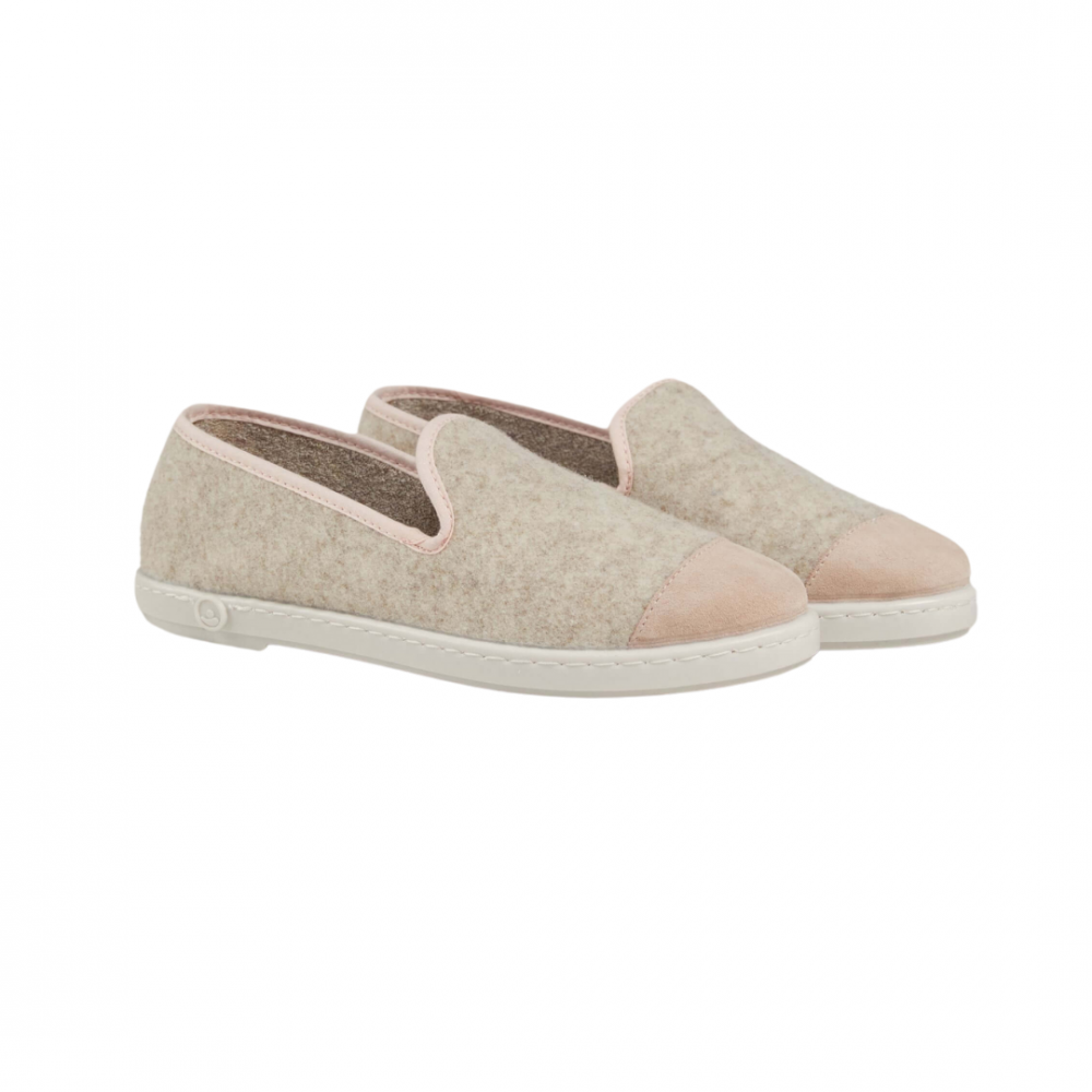 Chausson femme laine, beige rose poudré