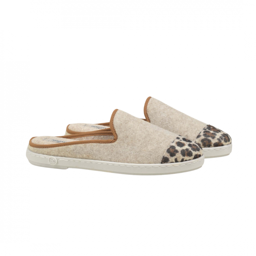 Mule femme laine, beige léopard